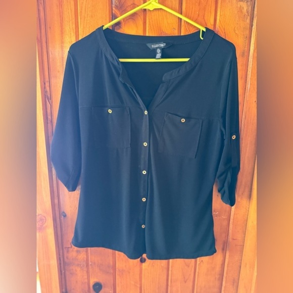 Ellen Tracy Blouse Top‎ Button Down 3/4 Sleeve Career Black Size Medium - Picture 1 of 4